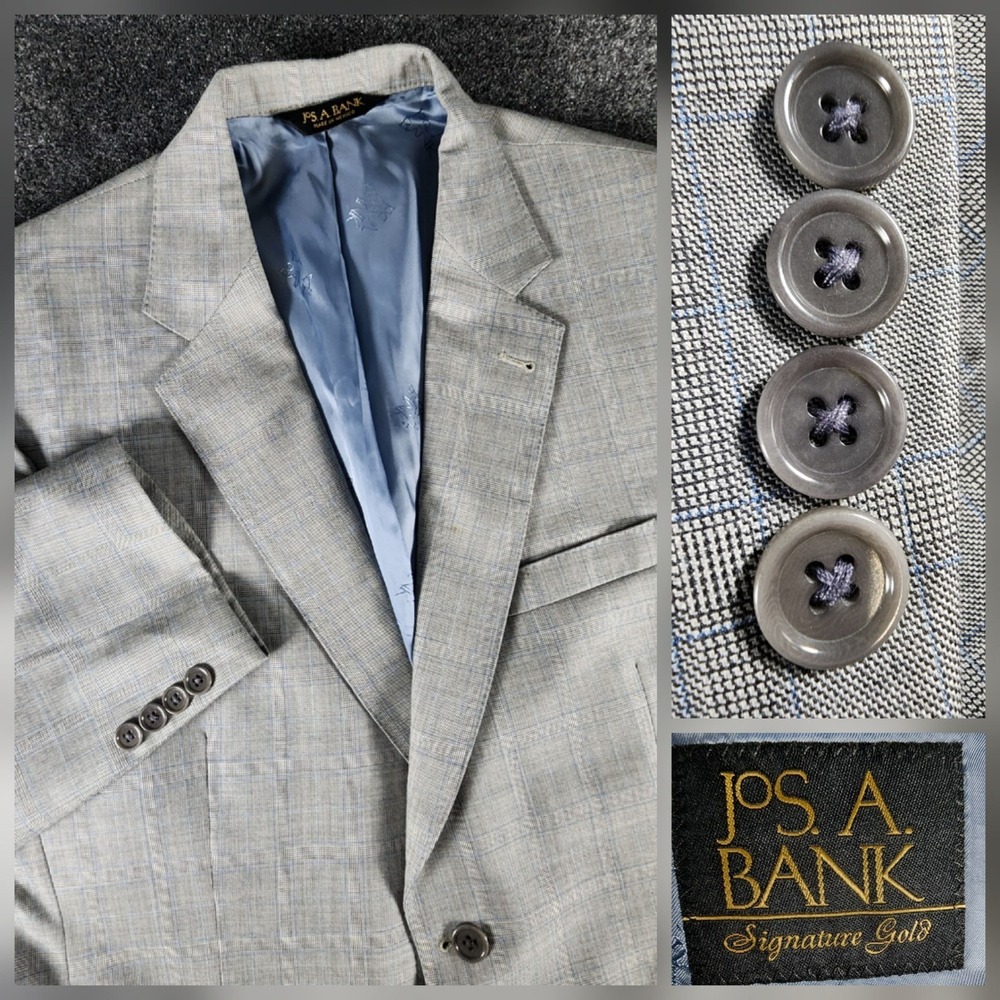 Jos A Bank Signature Gold Mens 43R Blazer Gray Plaid 100% Wool Sport Coat Gordon